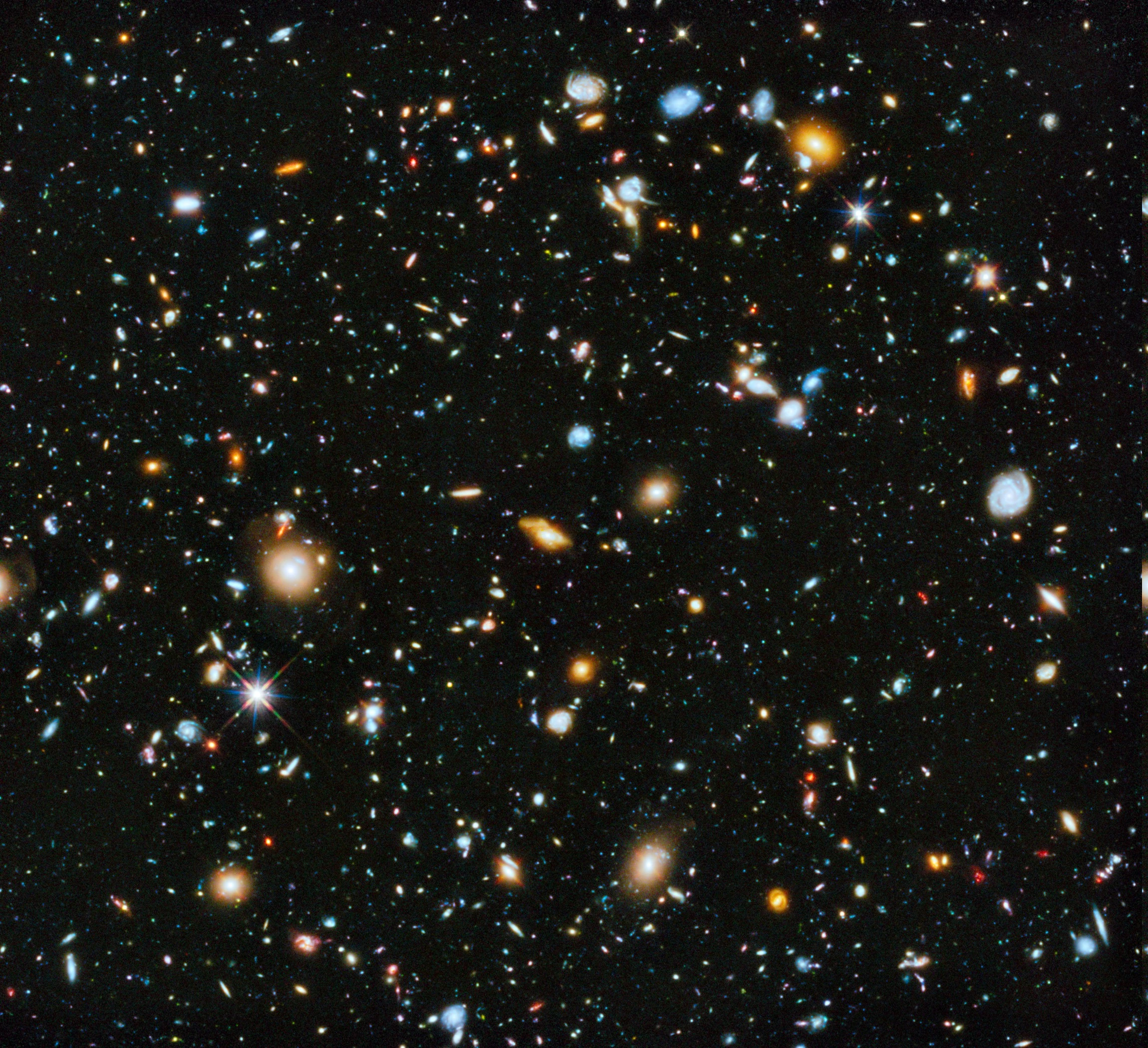 The Hubble Deep Field. A composite from a series of images collected by the Hubble space telescope beginning in 1995, showing approximately 10,000 observable galaxies. Credit: NASA, ESA, H. Teplitz and M. Rafelski (IPAC/Caltech), A. Koekemoer (STScI), R. Windhorst (Arizona State University), and Z. Levay (STScI).